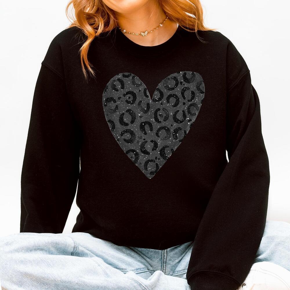 NEW REFINERY NUMBER ONE leopard print valentine's day sweatshirt in glittery bla